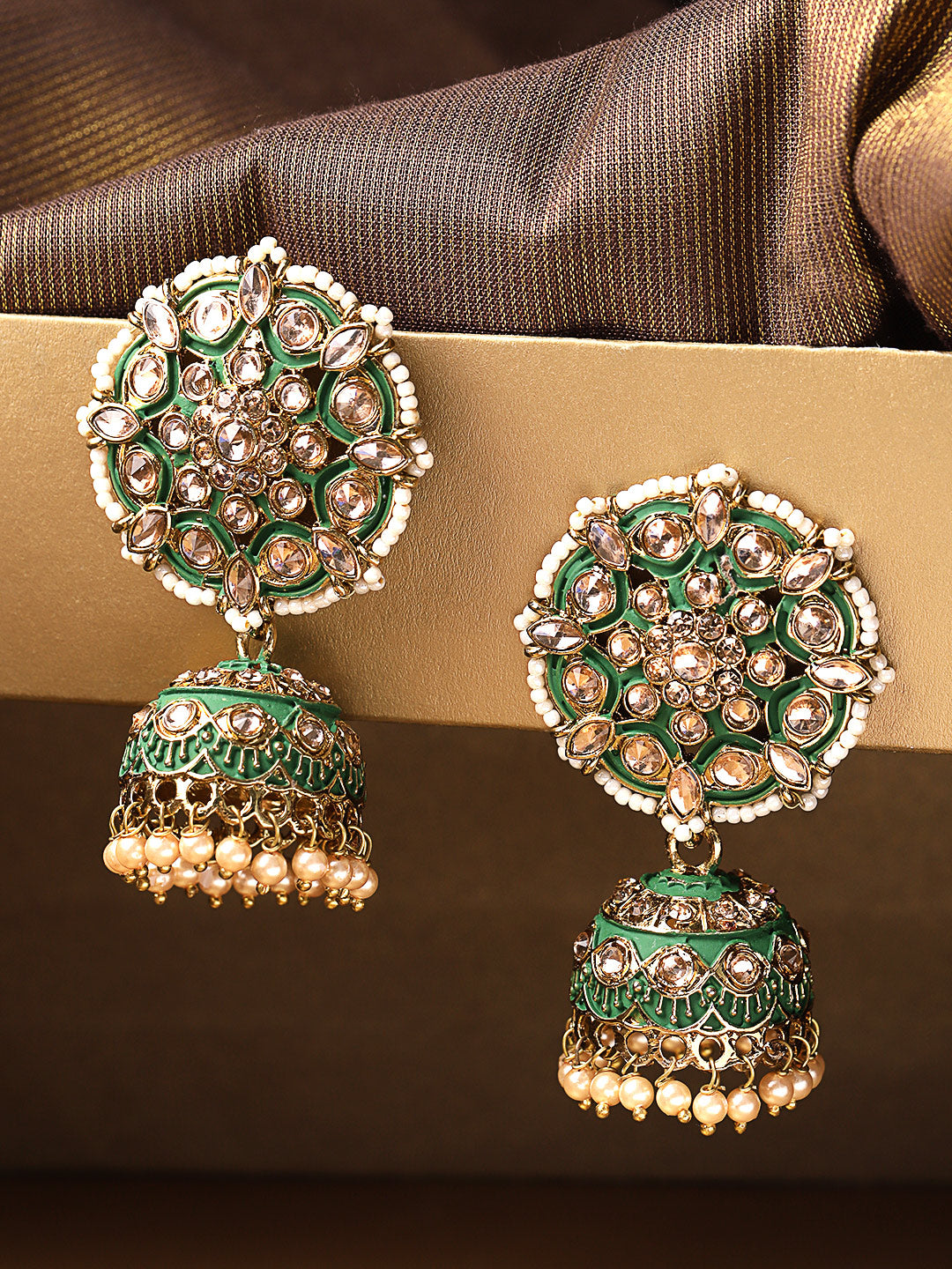 Gold-Plated Stones Studded Meenakari Jhumka Earrings in Green color with Pearls Drop
