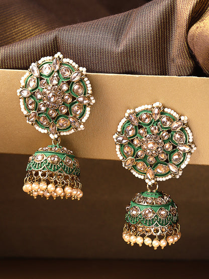Gold-Plated Stones Studded Meenakari Jhumka Earrings in Green color with Pearls Drop