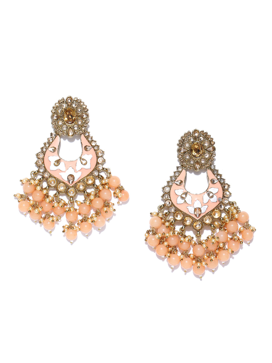 Gold-Plated Stones Studded Drop Earrings with Meenakari work and Beads Drop in Peach Color