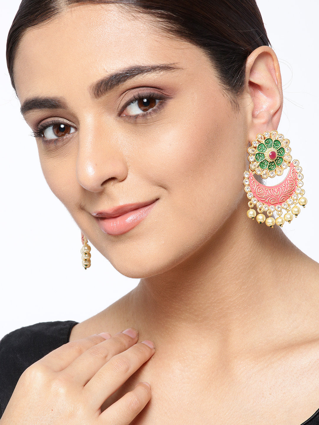 Gold-Plated Stones Studded Floral Patterned Drop Earrings with Meenakari work in Red And Green Color