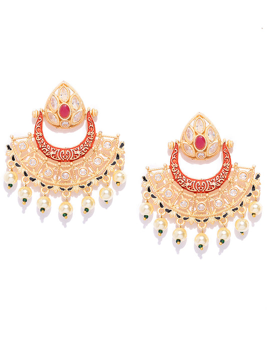 Gold-Plated Stones Studded Meenakari Drop Earrings in Red Color with Pearls Drop