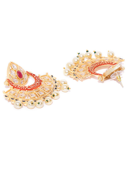 Gold-Plated Stones Studded Meenakari Drop Earrings in Red Color with Pearls Drop