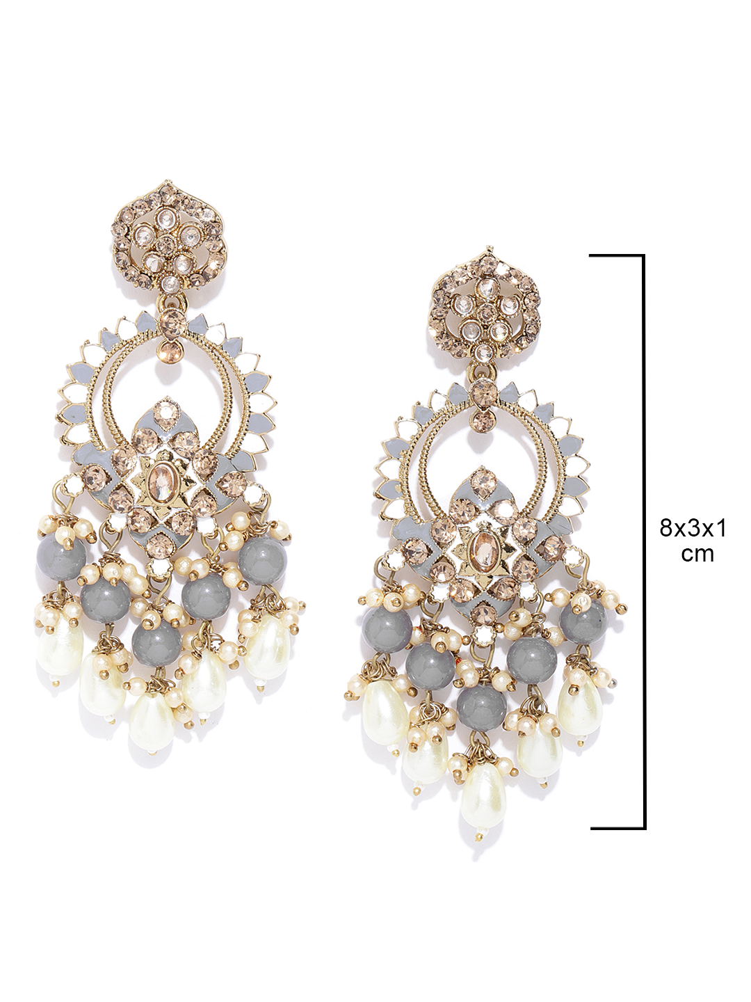Gold-Plated Stone Studded Beaded Drop Earrings with Meenakari Work In Grey And white Color