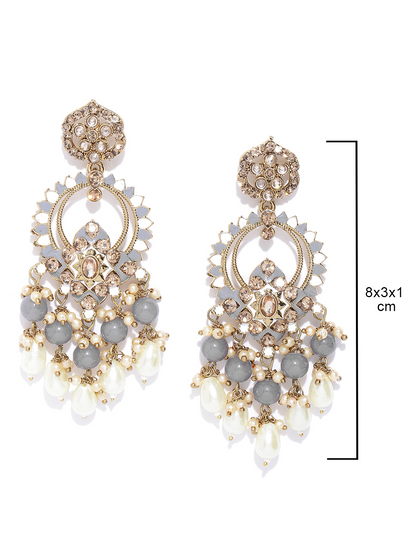 Gold-Plated Stone Studded Beaded Drop Earrings with Meenakari Work In Grey And white Color