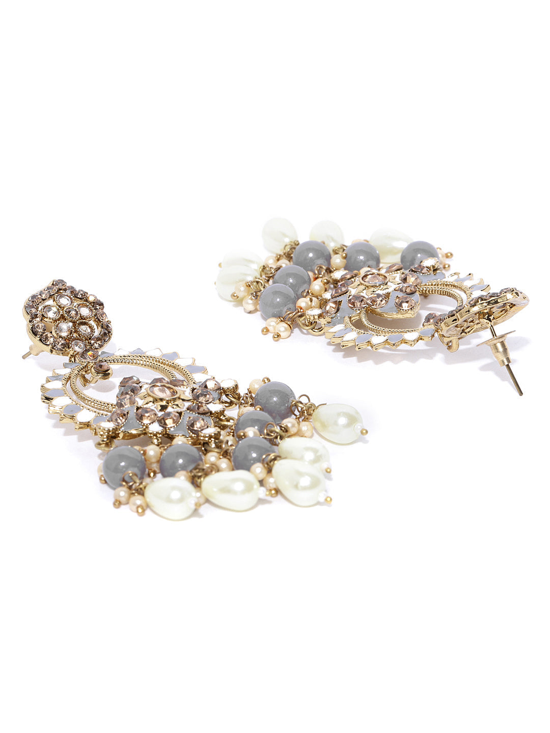 Gold-Plated Stone Studded Beaded Drop Earrings with Meenakari Work In Grey And white Color