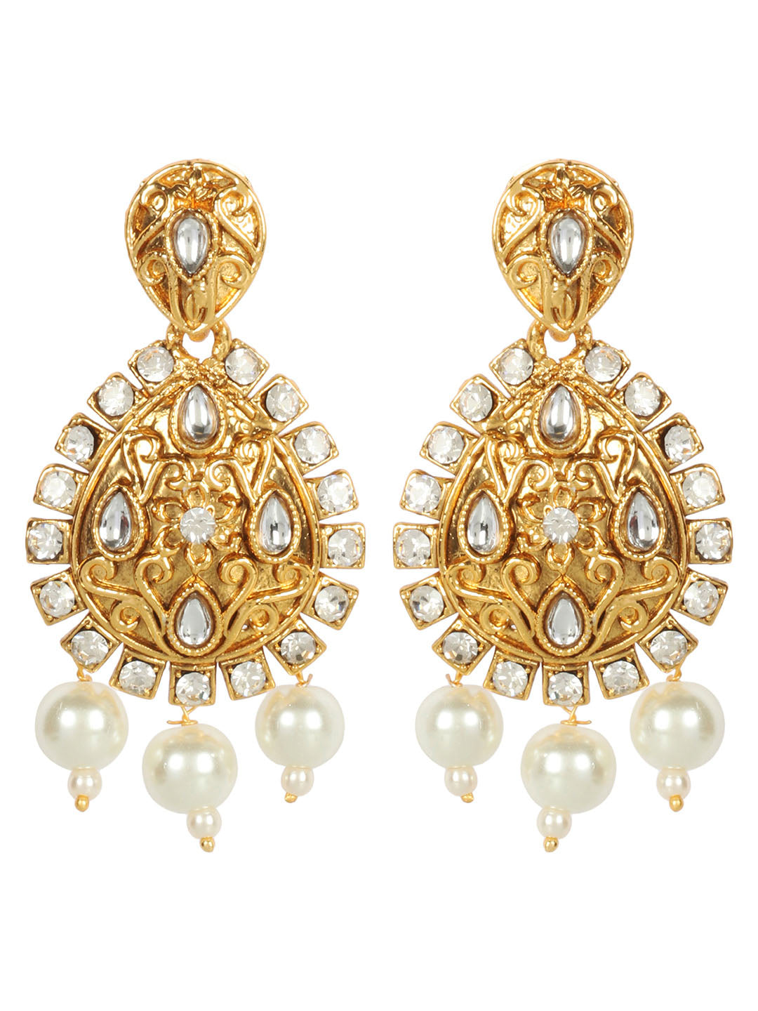 Gold Plated AD & Kundan Studded Floral Pattern Teardrop Shaped Earrings