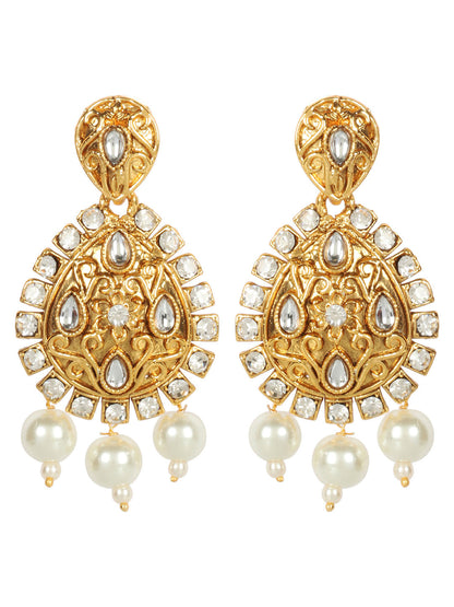 Gold Plated AD & Kundan Studded Floral Pattern Teardrop Shaped Earrings