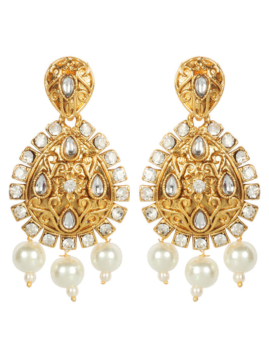 Gold Plated AD & Kundan Studded Floral Pattern Teardrop Shaped Earrings