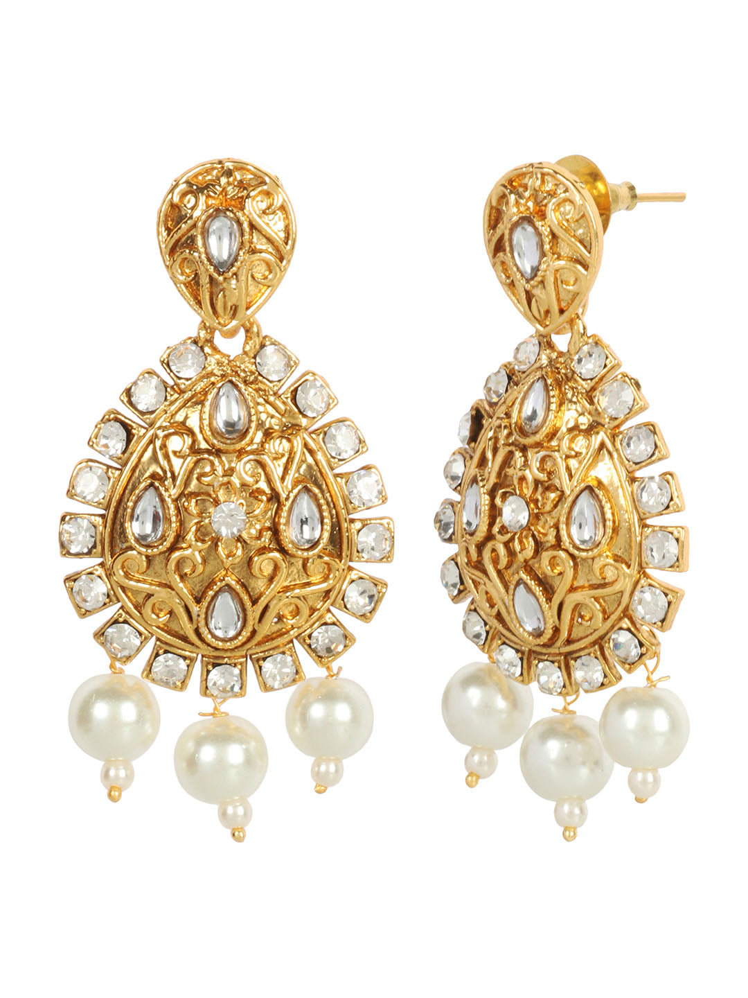 Gold Plated AD & Kundan Studded Floral Pattern Teardrop Shaped Earrings