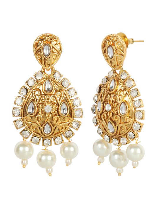 Gold Plated AD & Kundan Studded Floral Pattern Teardrop Shaped Earrings