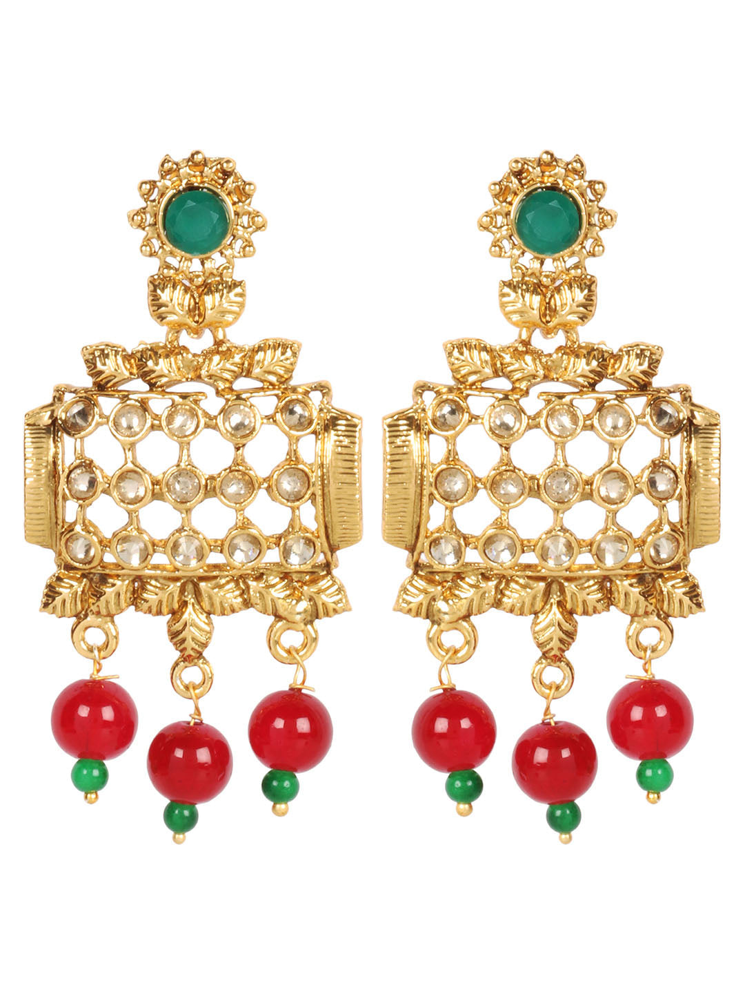 Gold Plated Leaf Pattern Maroon Beaded Drop Earrings