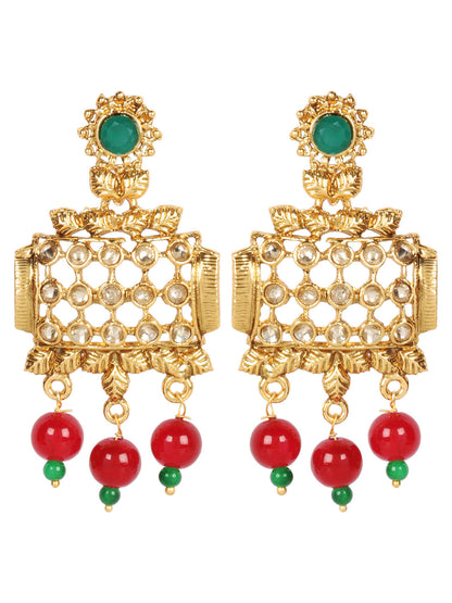 Gold Plated Leaf Pattern Maroon Beaded Drop Earrings