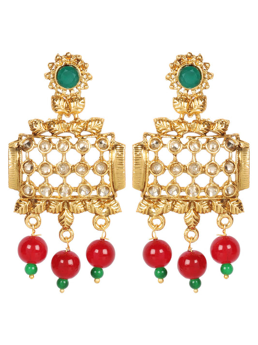 Gold Plated Leaf Pattern Maroon Beaded Drop Earrings