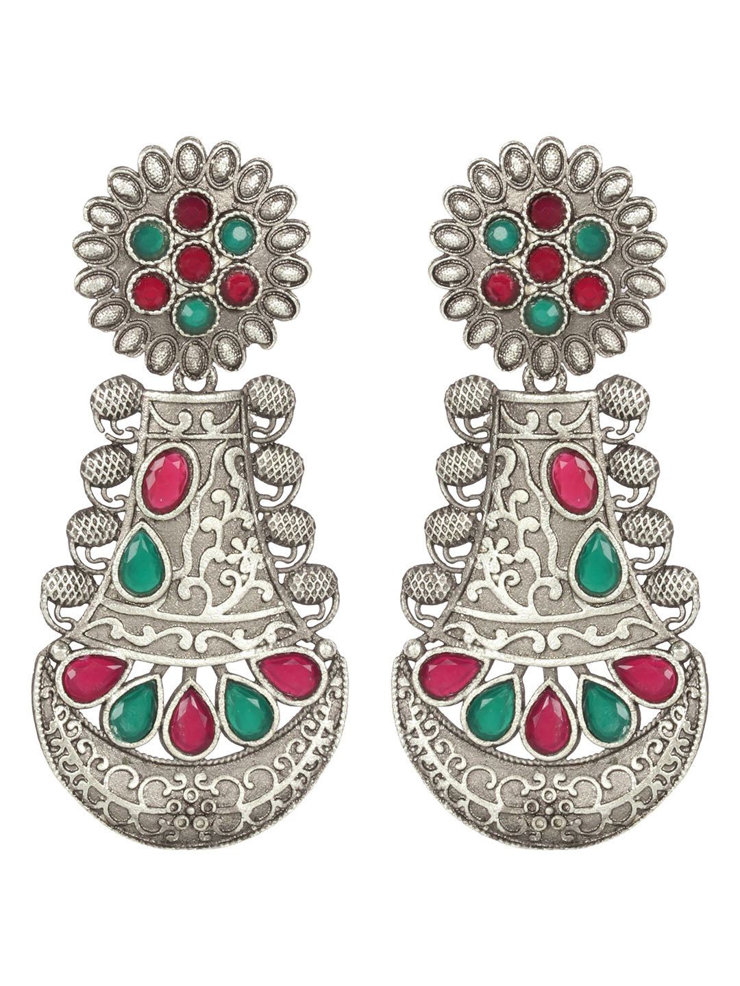 Oxidised Silver Green & Maroon Stone Studded Teardrop Shaped Earrings