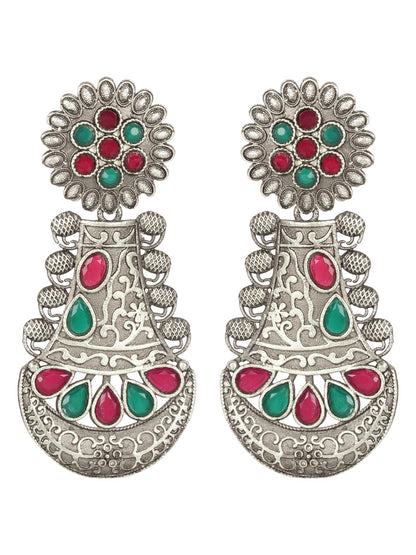 Oxidised Silver Green & Maroon Stone Studded Teardrop Shaped Earrings
