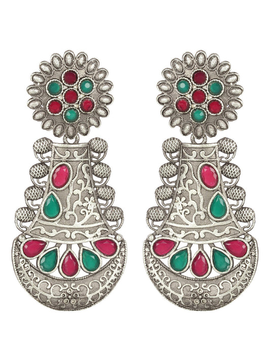 Oxidised Silver Green & Maroon Stone Studded Teardrop Shaped Earrings
