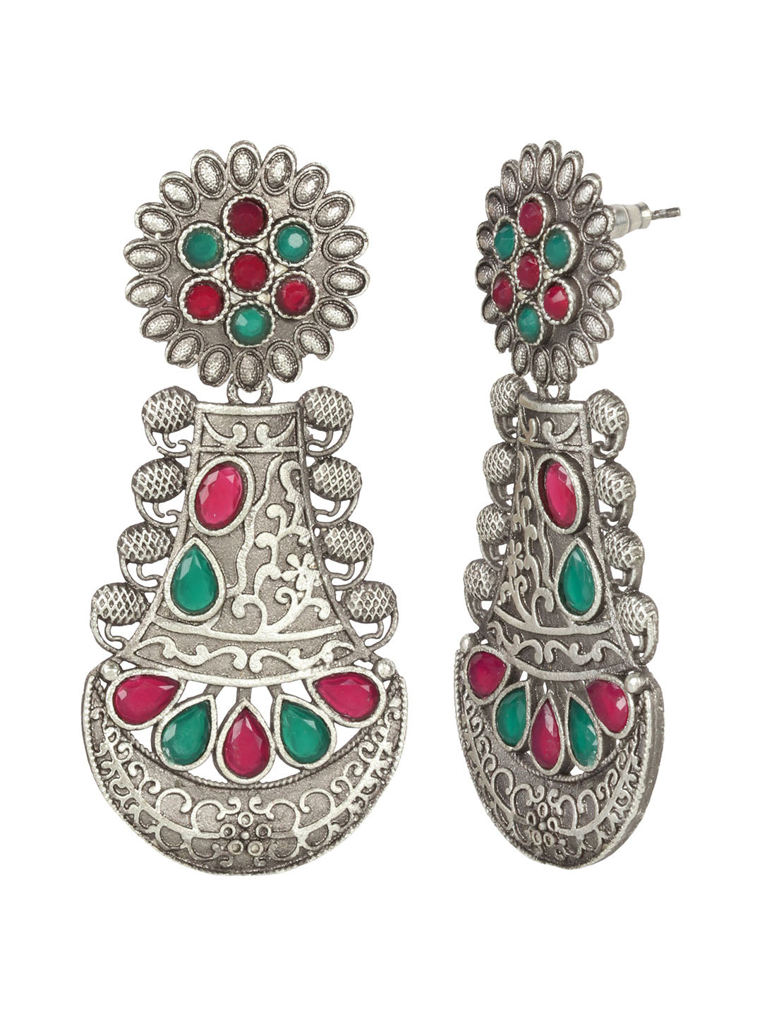 Oxidised Silver Green & Maroon Stone Studded Teardrop Shaped Earrings