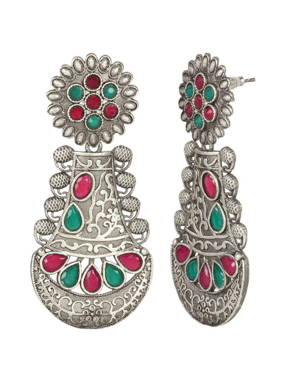 Oxidised Silver Green & Maroon Stone Studded Teardrop Shaped Earrings