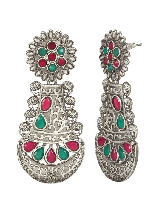 Oxidised Silver Green & Maroon Stone Studded Teardrop Shaped Earrings