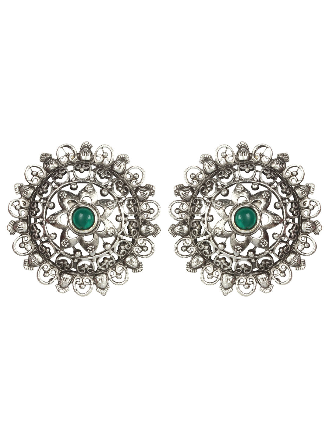 Oxidised Silver Plated Self Design Floral Stud Earrings