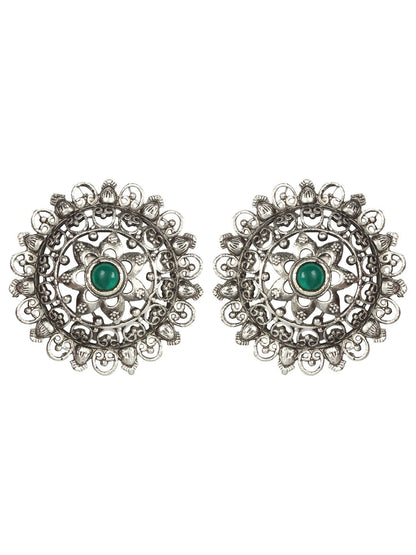 Oxidised Silver Plated Self Design Floral Stud Earrings