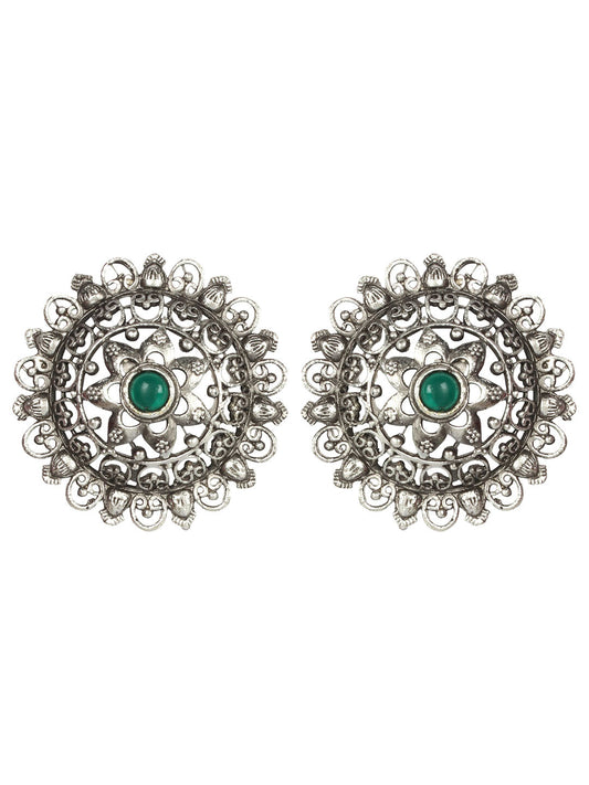 Oxidised Silver Plated Self Design Floral Stud Earrings