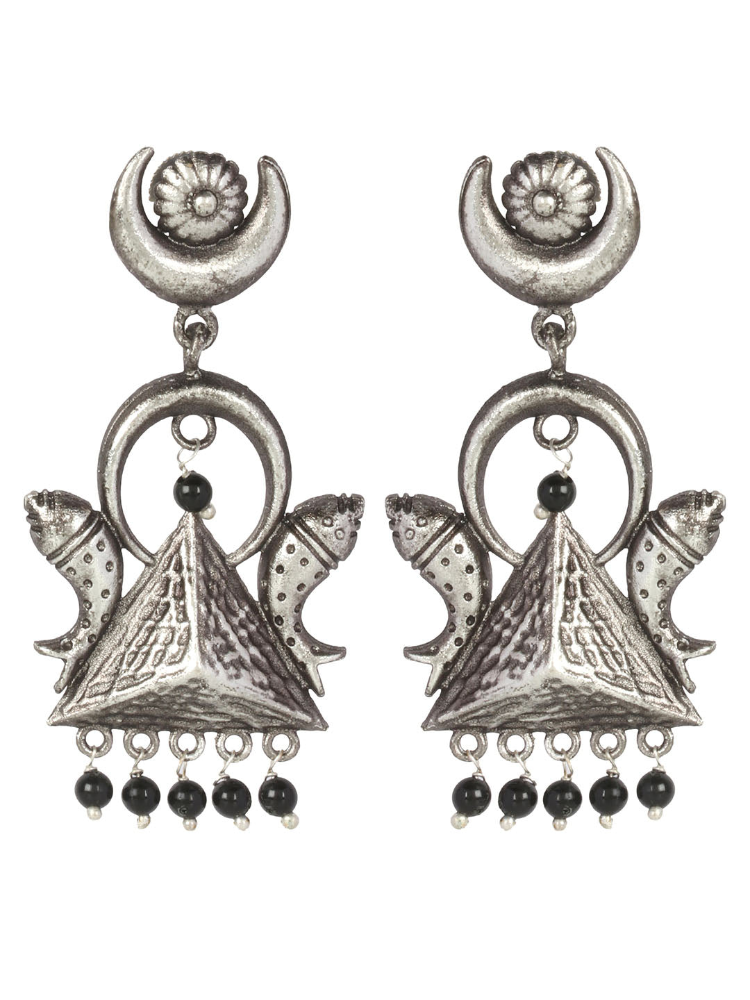Oxidised Silver Pyramid And Fish Inspired Drop Earrings