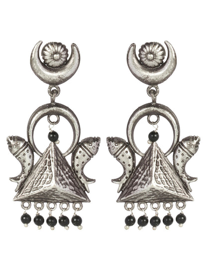 Oxidised Silver Pyramid And Fish Inspired Drop Earrings