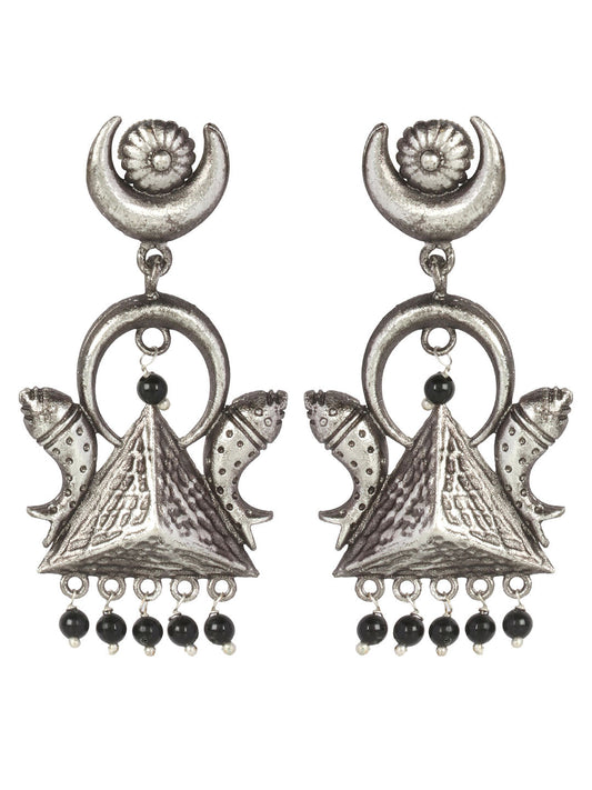 Oxidised Silver Pyramid And Fish Inspired Drop Earrings