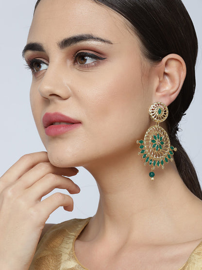 Gold Plated Emerald Stone Studded Circular Drop Earrings