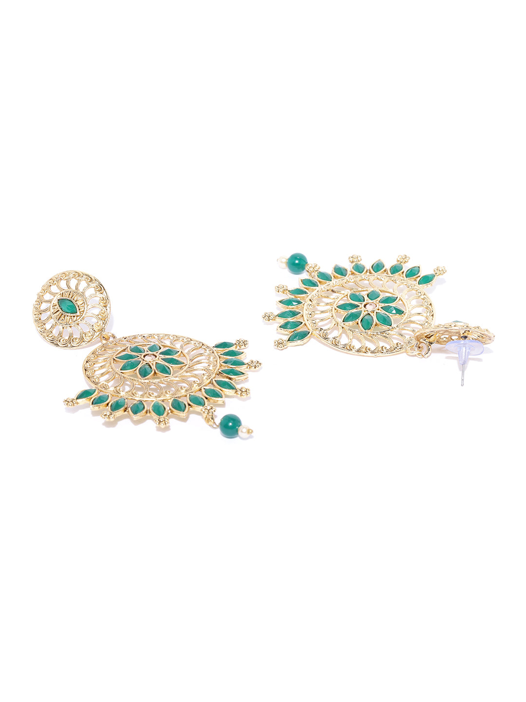 Gold Plated Emerald Stone Studded Circular Drop Earrings