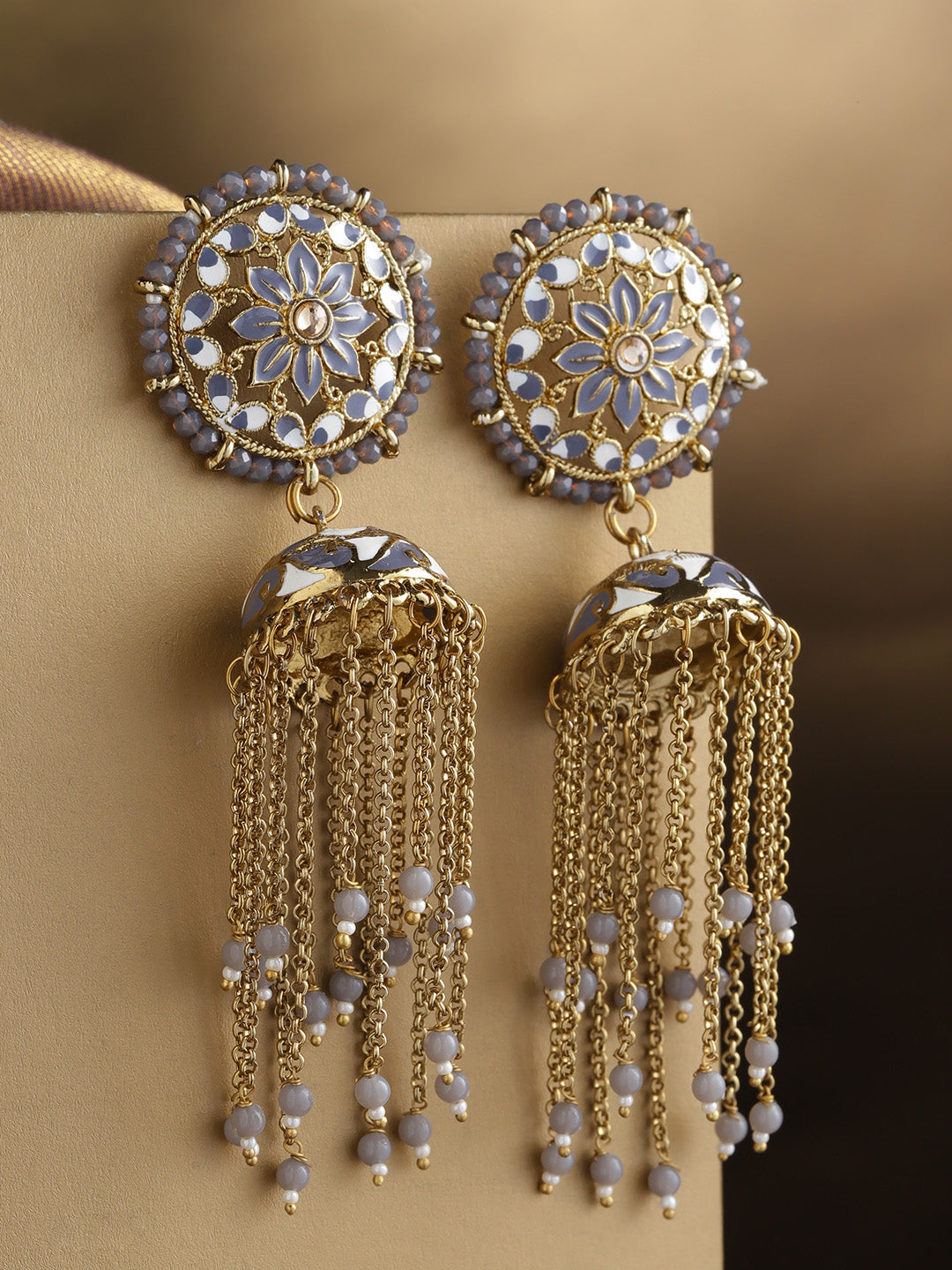 Gold Plated Grey & White Tasselled Chains Jhumki Earrrings