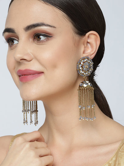 Gold Plated Grey & White Tasselled Chains Jhumki Earrrings