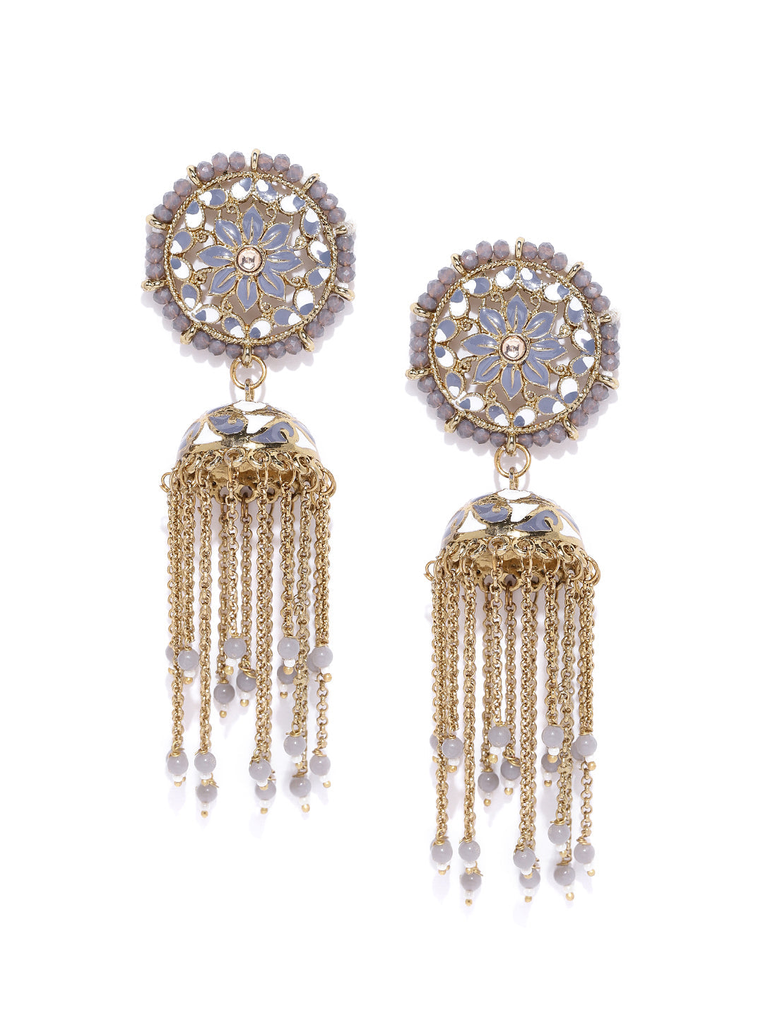 Gold Plated Grey & White Tasselled Chains Jhumki Earrrings