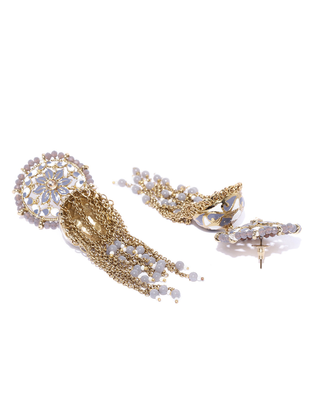 Gold Plated Grey & White Tasselled Chains Jhumki Earrrings