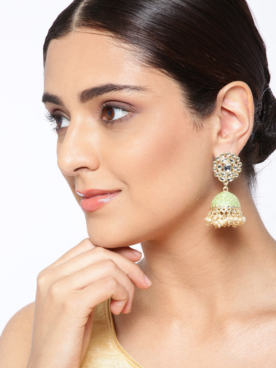 Gold-Plated Kundan Studded Floral Patterned Meenakari Jhumka Earrings in Green Color