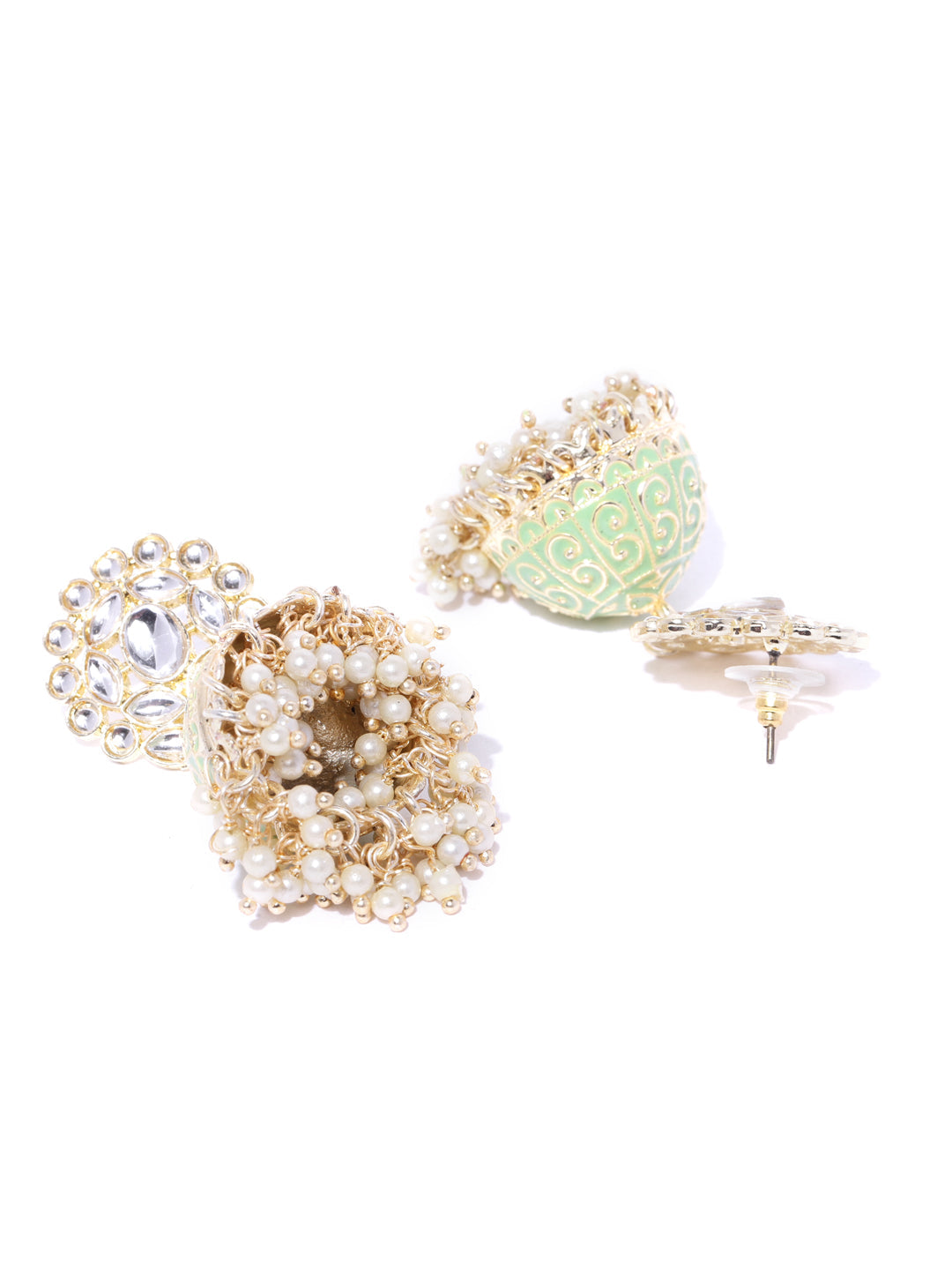 Gold-Plated Kundan Studded Floral Patterned Meenakari Jhumka Earrings in Green Color