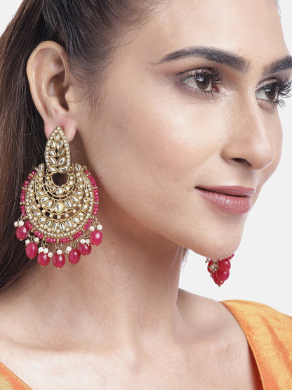Gold-Plated Stone Studded Chandbali With Mehroon Beads