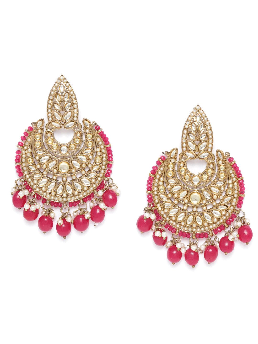 Gold-Plated Stone Studded Chandbali With Mehroon Beads
