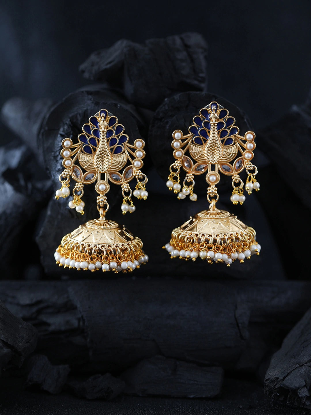 Gold-Plated Peacock style Stone Studded Jhumka with Bead Drop