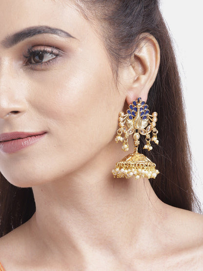 Gold-Plated Peacock style Stone Studded Jhumka with Bead Drop