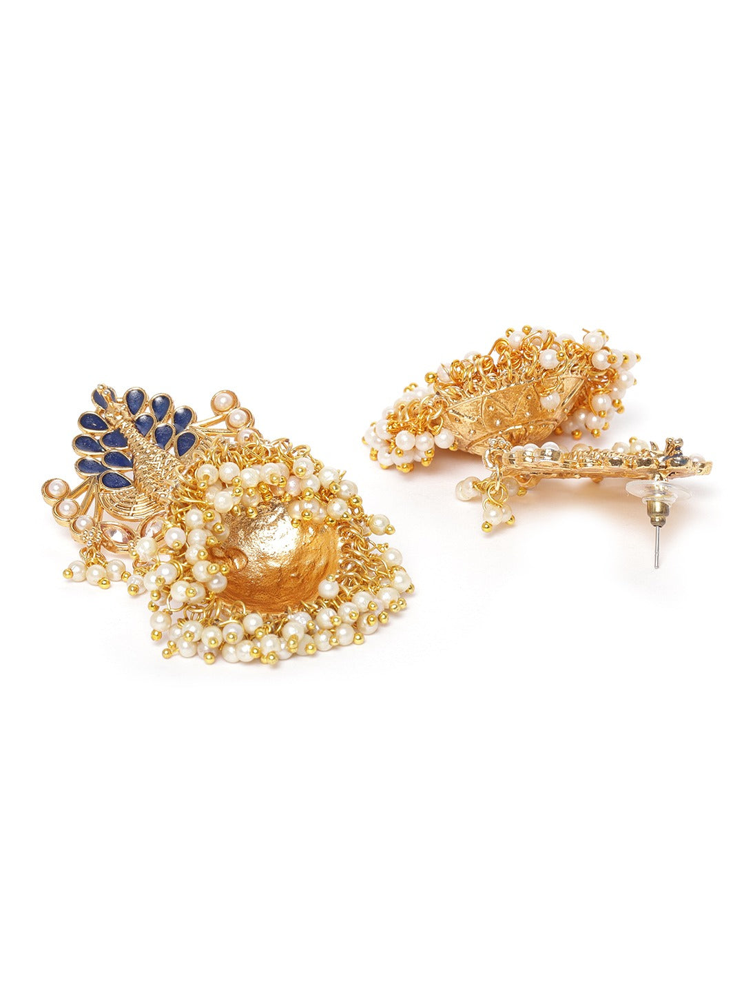 Gold-Plated Peacock style Stone Studded Jhumka with Bead Drop