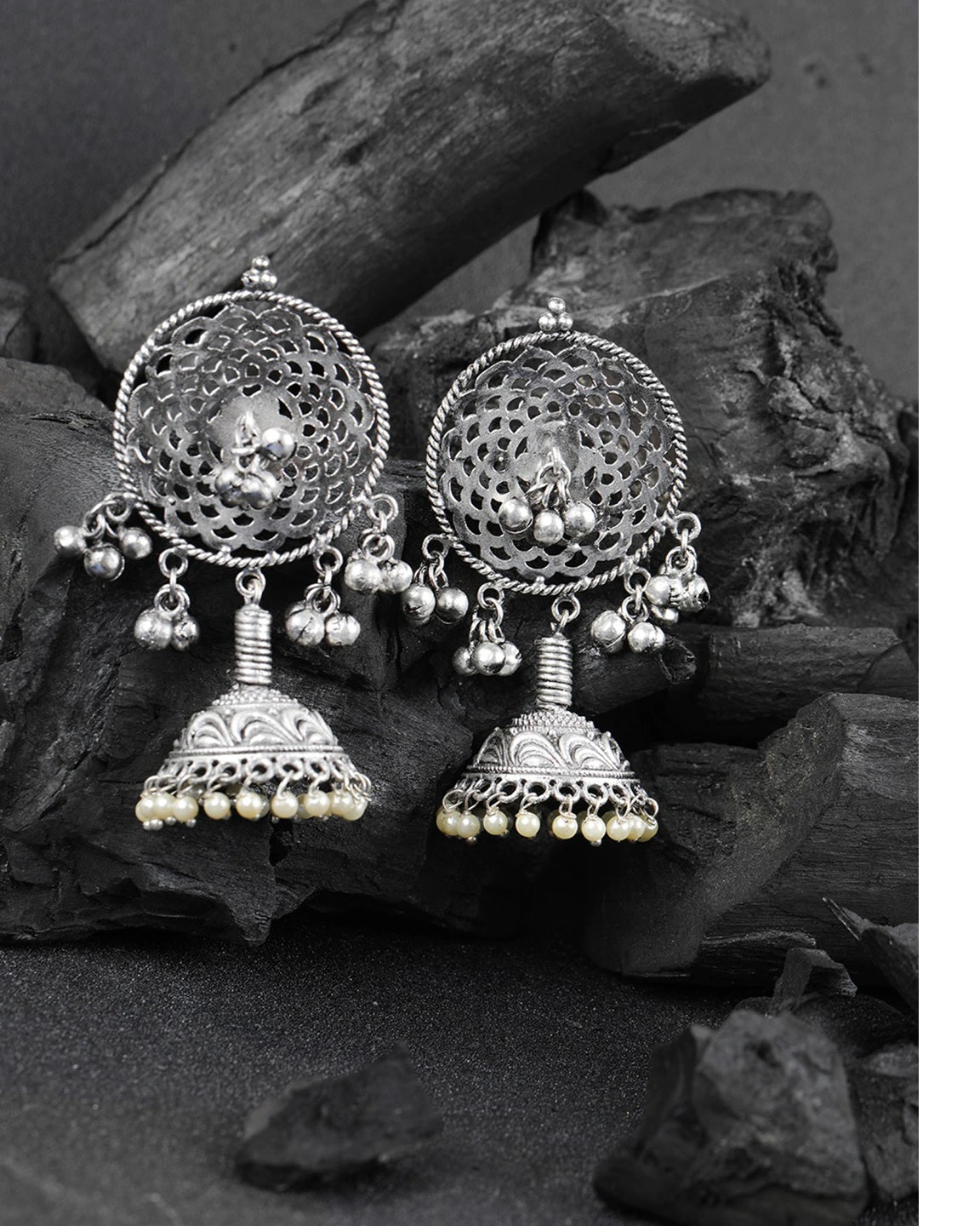 Oxidised Silver-Plated Jhumka with Bead drop