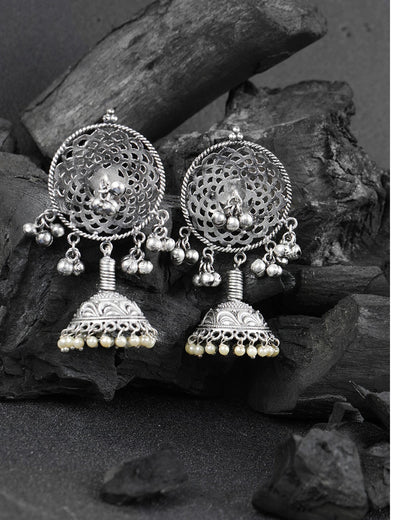Oxidised Silver-Plated Jhumka with Bead drop