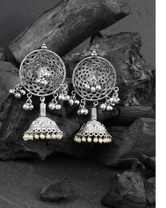 Oxidised Silver-Plated Jhumka with Bead drop