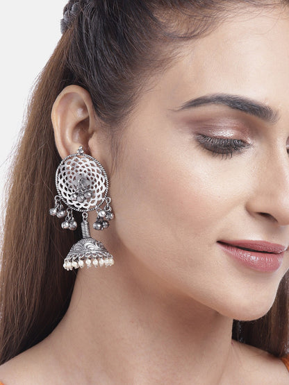 Oxidised Silver-Plated Jhumka with Bead drop
