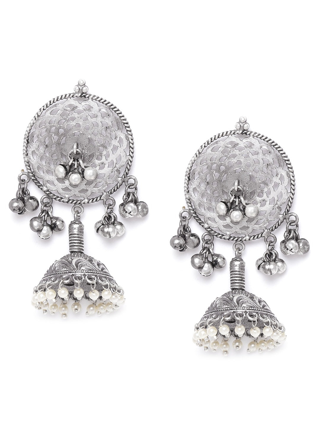 Oxidised Silver-Plated Jhumka with Bead drop