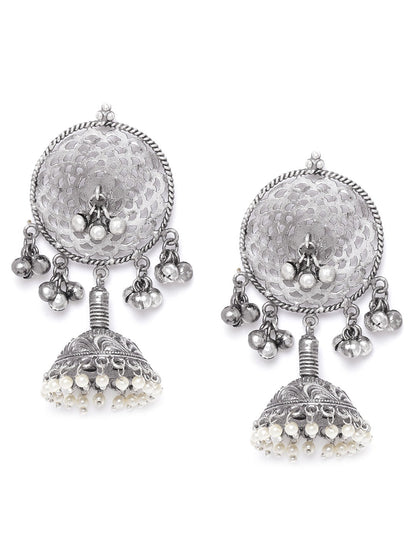 Oxidised Silver-Plated Jhumka with Bead drop