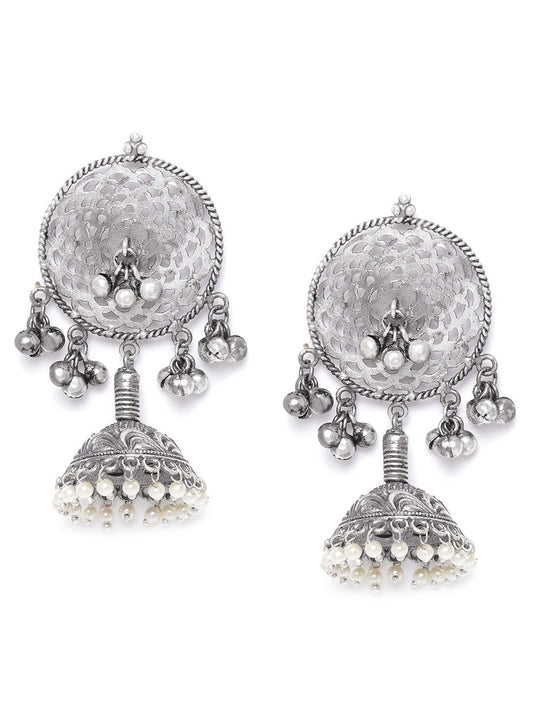 Oxidised Silver-Plated Jhumka with Bead drop