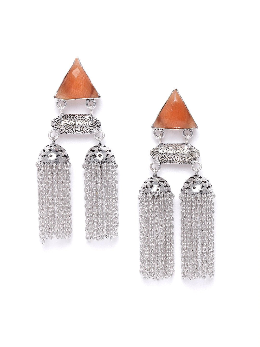 Oxidised Silver-Plated Stone studded Drop earrings
